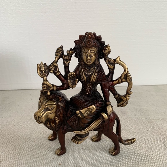 Durga & Lion Brass Statue Figurine with Antique Bronze Gold Finish - Picture 8 of 12
